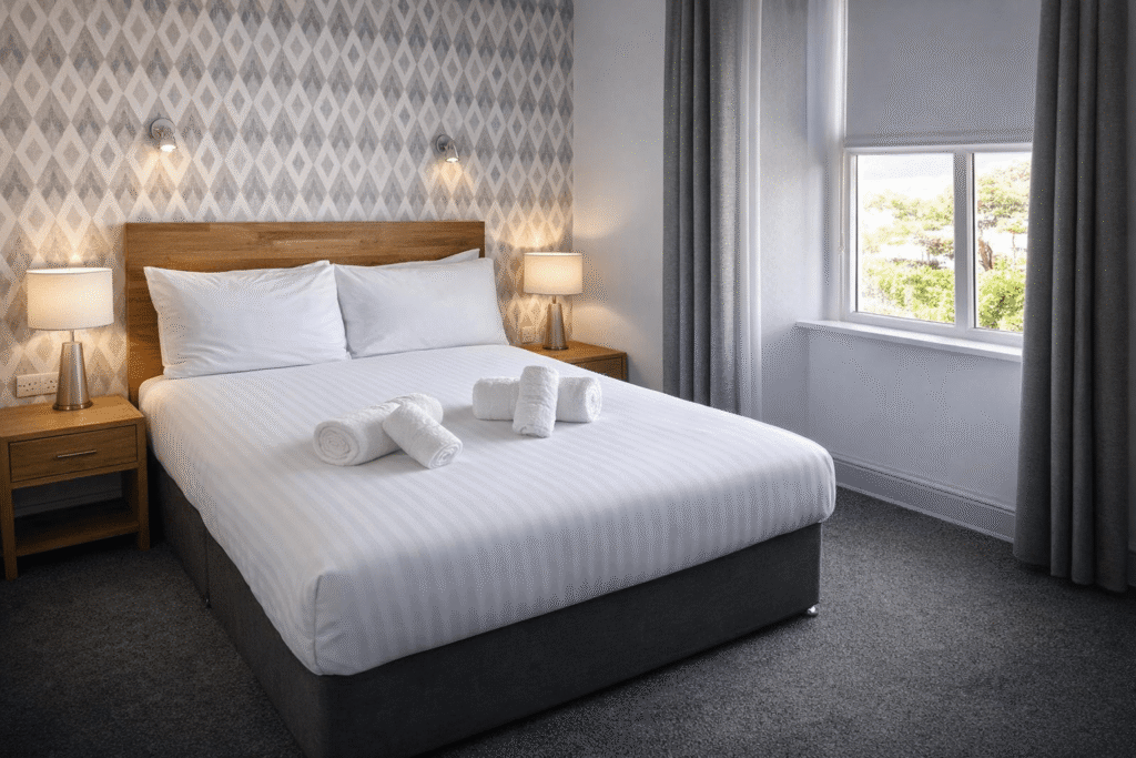 Double room at Valley Hotel Anglesey with comfortable double bed and modern décor