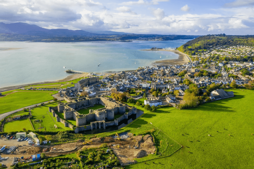 Aerial view of Beaumaris Castle and the Anglesey coastline, North Wales