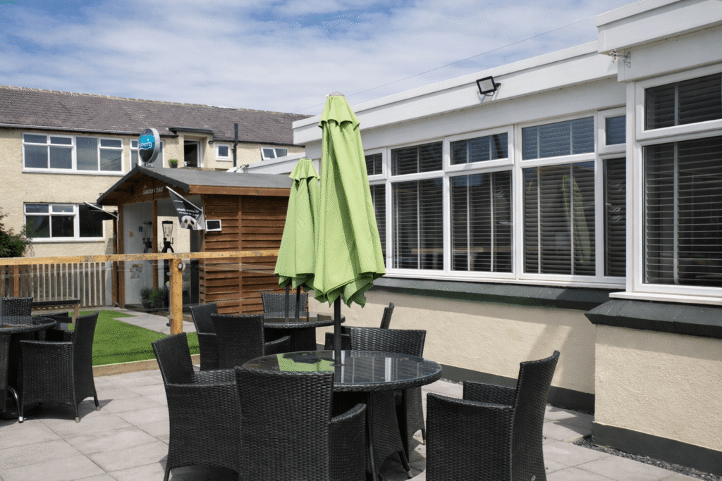 Patio seating and garden terrace at Valley Hotel in Valley near Holyhead